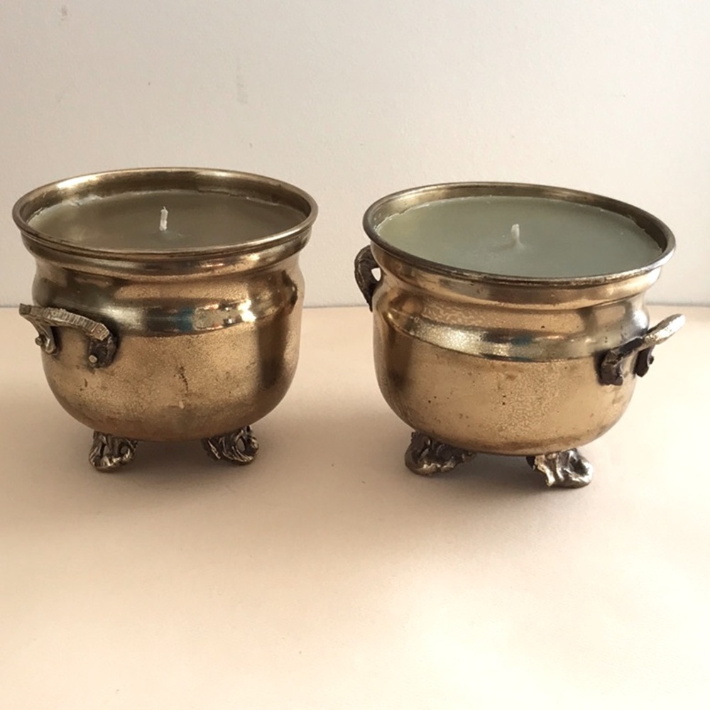 Brass Footed Handmade Candles with Handles India Vintage Centerpieces set of 2